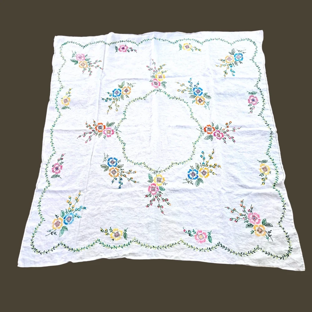 Vintage Embroidered Linen Tablecloth Spring & Summer Flowers Handmade 48 X 48